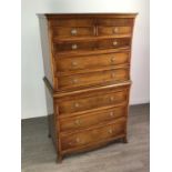 A REPRODUCTION YEW WOOD CHEST ON CHEST