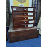 A STAINED WOOD FIVE DRAWER COLLECTORS CHEST, VINTAGE TOOLS AND STORAGE BOX