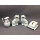 A PAIR OF VICTORIAN WALLY DOGS ALONG WITH OTHER CERAMICS