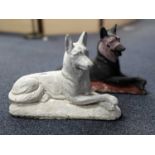 A PAIR OF RECONSTITUTED STONE GERMAN SHEPHERD GARDEN ORNAMENTS