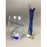 A CLEAR AND BLUE GLASS VASE AND ANOTHER VASE