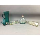 A GREEN GLASS LEMONADE SET AND FOUR SHIPS IN BOTTLES