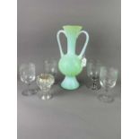 A VICTORIAN VASELINE GLASS VASE, ANOTHER VASE AND FOUR GLASSES