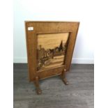 A MARQUETRY FIRE SCREEN ALONG WITH A SERVING TRAY