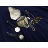 A COLLECTION OF COSTUME JEWELLERY AND TWO GENTLEMAN'S WRIST WATCHES