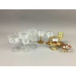 A LOT OF SEVEN CRYSTAL AND COLOURED GLASS DECANTERS AND OTHER GLASS WARE