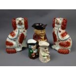 A PAIR OF VICTORIAN WALLY DOGS ALONG WITH OTHER CERAMICS