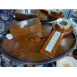 AN INLAID MAHOGANY TWIN HANDLED SERVING TRAY, BAROMETER AND OTHER OBJECTS