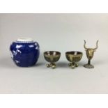 A CHINESE BLUE AND WHITE PRUNUS GINGER JAR AND OTHER OBJECTS