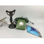 AN ART DECO STYLE FIGURAL TABLE LAMP, DECANTER AND A TELEPHONE