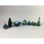 A LOT OF FIVE MDINA GLASS PAPERWEIGHTS AND OTHER GLASS WARE