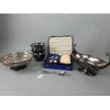A SILVER PLATED BOAT SHAPED COMPORT AND OTHER PLATED AND SILVER ITEMS