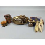 A MAUCHLINE TARTAN WARE GLASS CASE, NAPKIN RINGS, SILVER SPOONS AND OTHER ITEMS