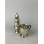 A SILVER SUGAR CASTER AND CHRISTENING CUP