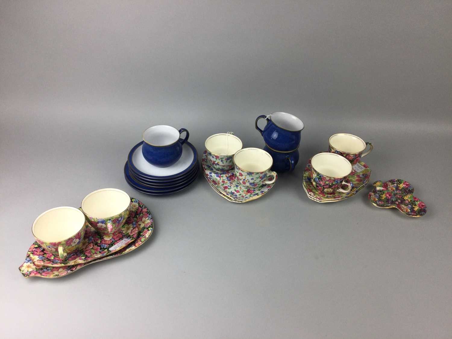 A COLLECTION OF ROYAL WINTON CHINTZ CUPS AND SAUCERS ALONG WITH DENBY