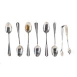 TEN RAT-TAIL COFFEE SPOONS AND TONGS