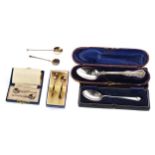 A CASED SILVER CONDIMENT SET AND CASED SILVER SPOONS