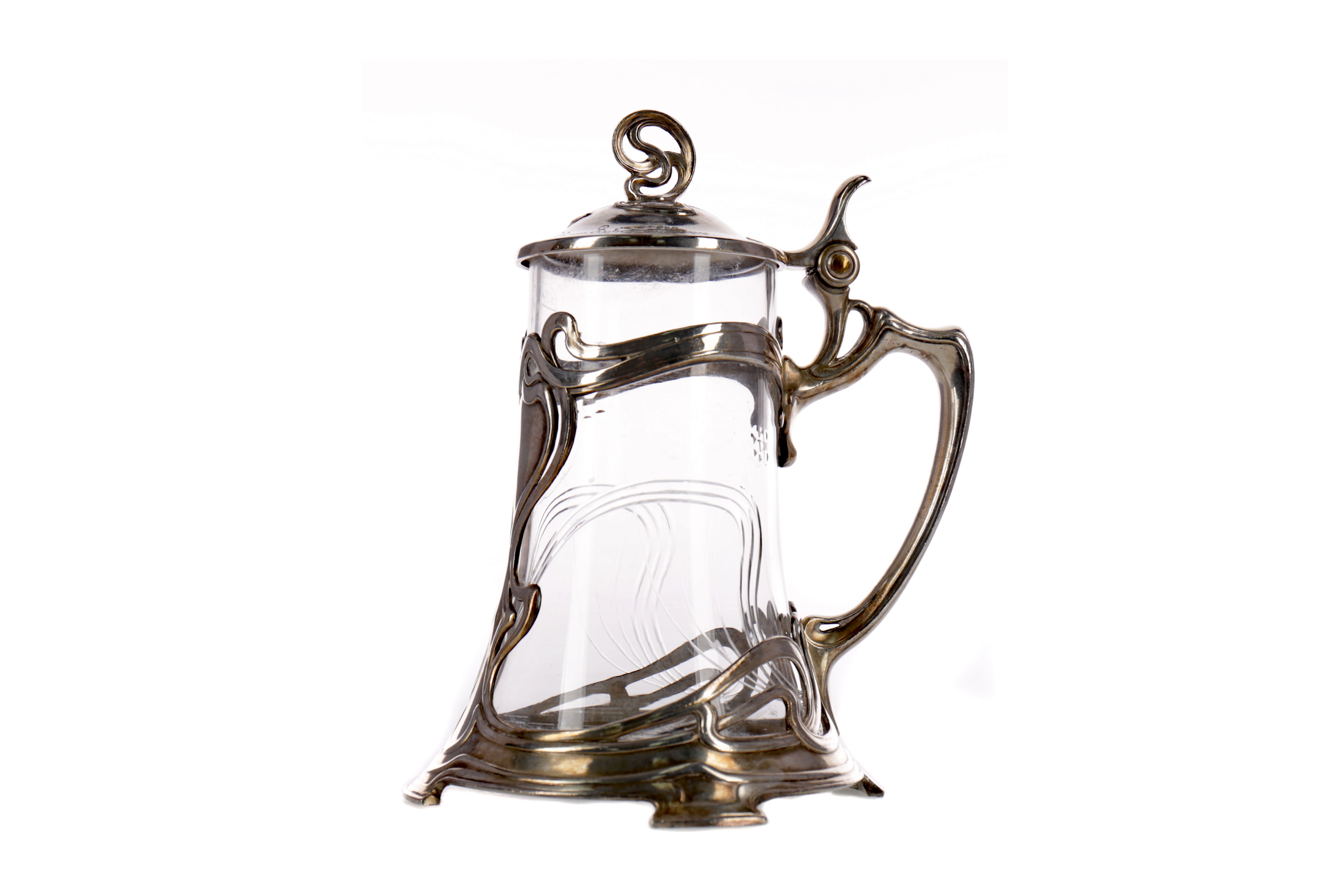 A JUGENDSTIL SILVER PLATED AND GLASS TANKARD