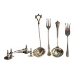 A SET OF THREE GEORGE III SILVER SAUCE LADLES, ALONG WITH ASSORTED SILVER AND PLATED FLATWARE