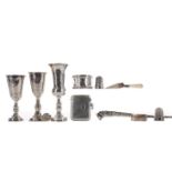 A LOT OF THREE EARLY 20TH CENTURY SILVER LIQUEUR CUPS, ALONG WITH OTHER SILVER ITEMS
