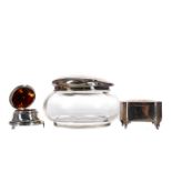 A SILVER VASE, PERFUME ATOMISER, BOTTLE TWO SILVER BOXES AND A GLASS JAR