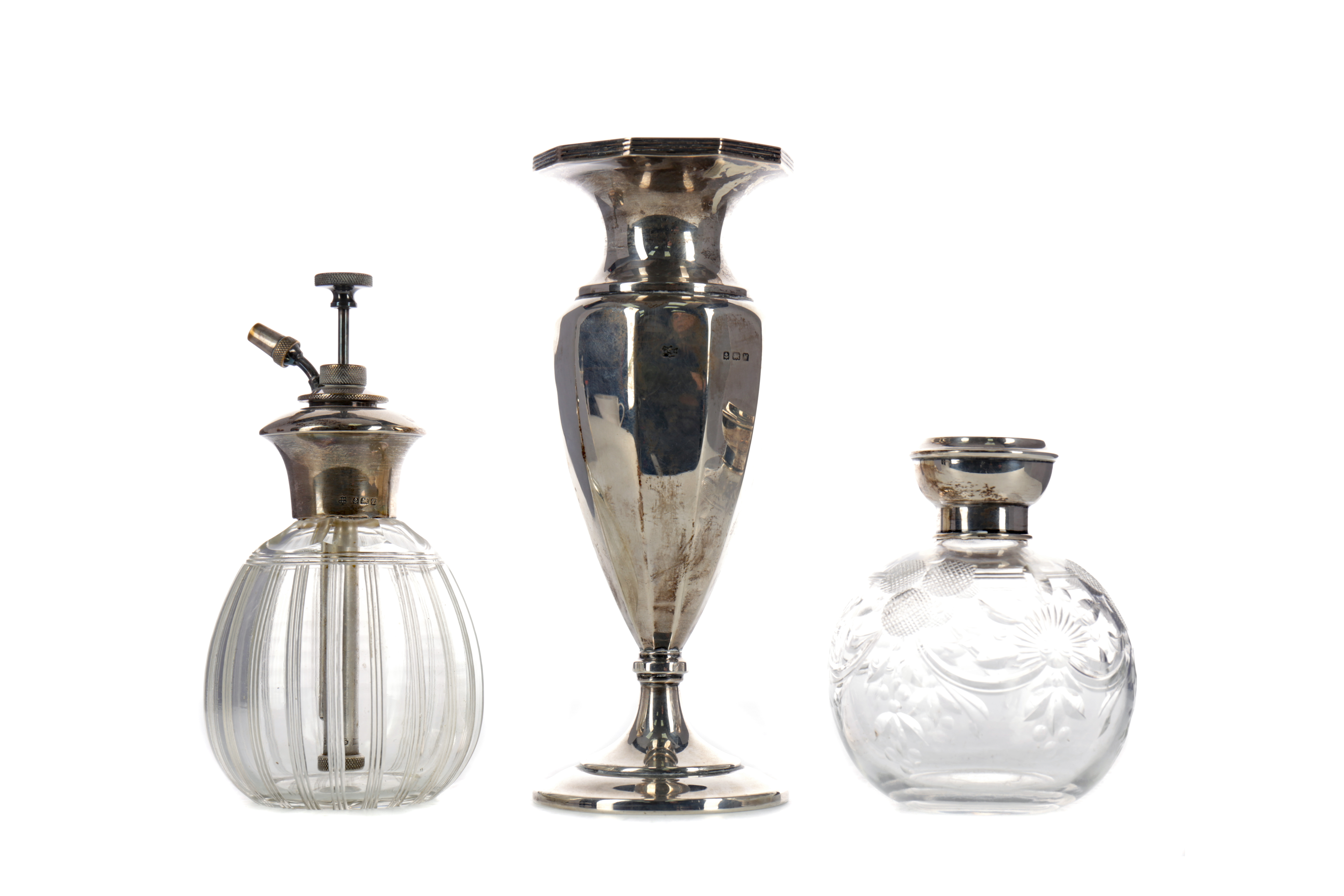 A SILVER VASE, PERFUME ATOMISER, BOTTLE TWO SILVER BOXES AND A GLASS JAR - Image 2 of 2