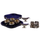 A CASED SET OF FOUR SILVER OPEN SALT CELLARS AND OTHER SILVER WARE