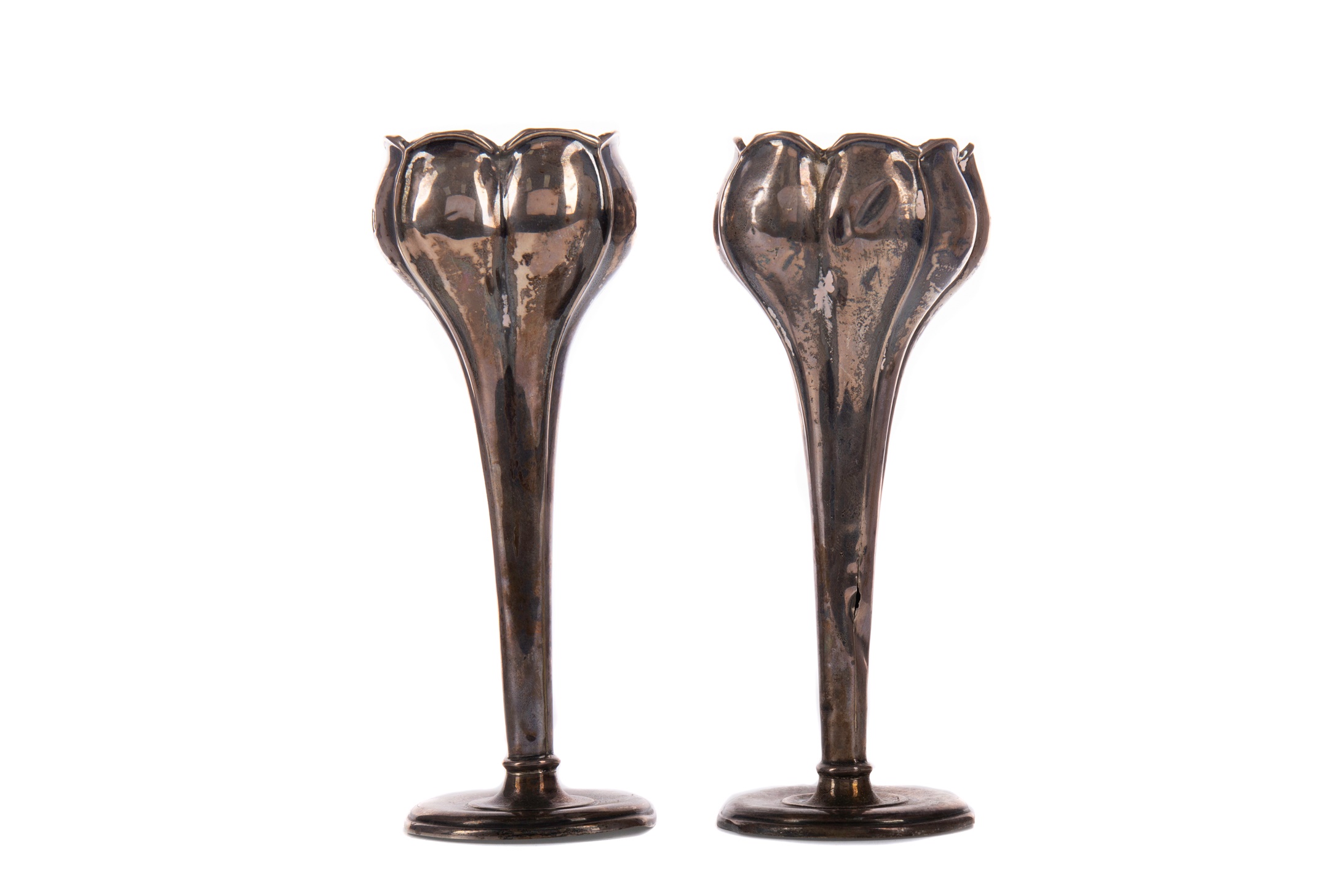 A PAIR OF SILVER BUD VASES, PEPPER POT AND GROUP OF SILVER SPOONS