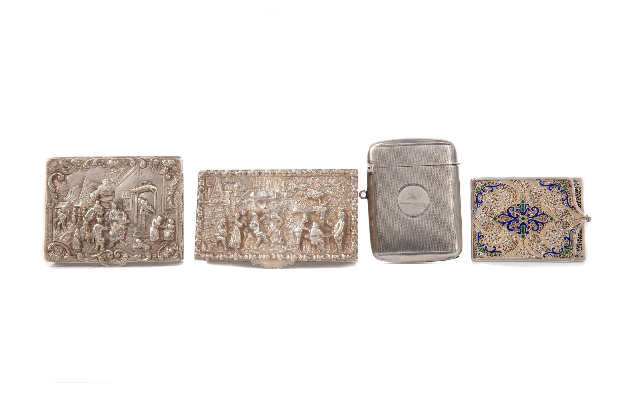 TWO CONTINENTAL SILVER BOXES, ALONG WITH A VESTA AND A FILIGREE CASE