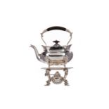 A GEORGE V SILVER KETTLE ON STAND WITH BURNER