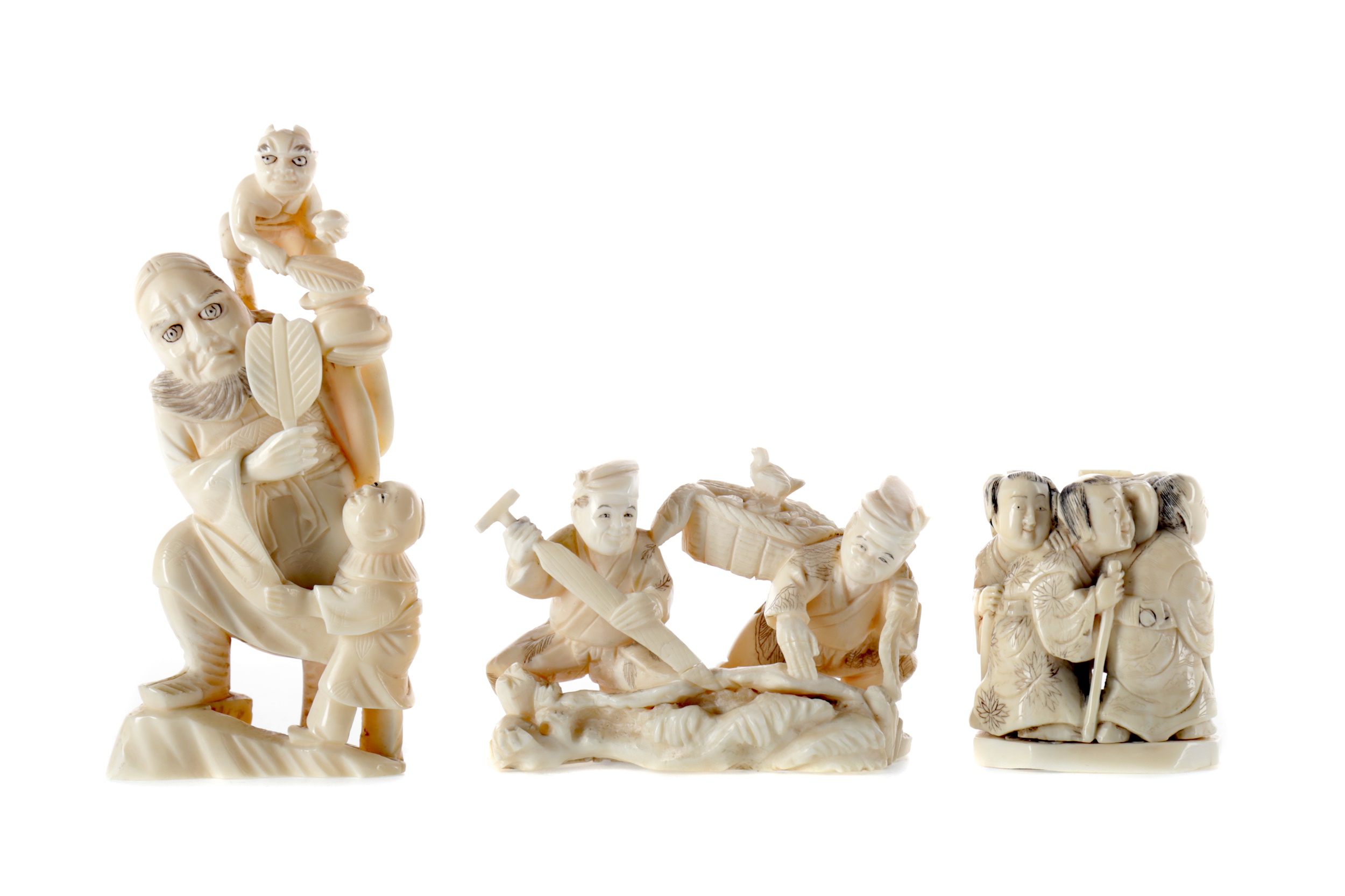 A LOT OF THREE EARLY 20TH CENTURY JAPANESE IVORY GROUPS