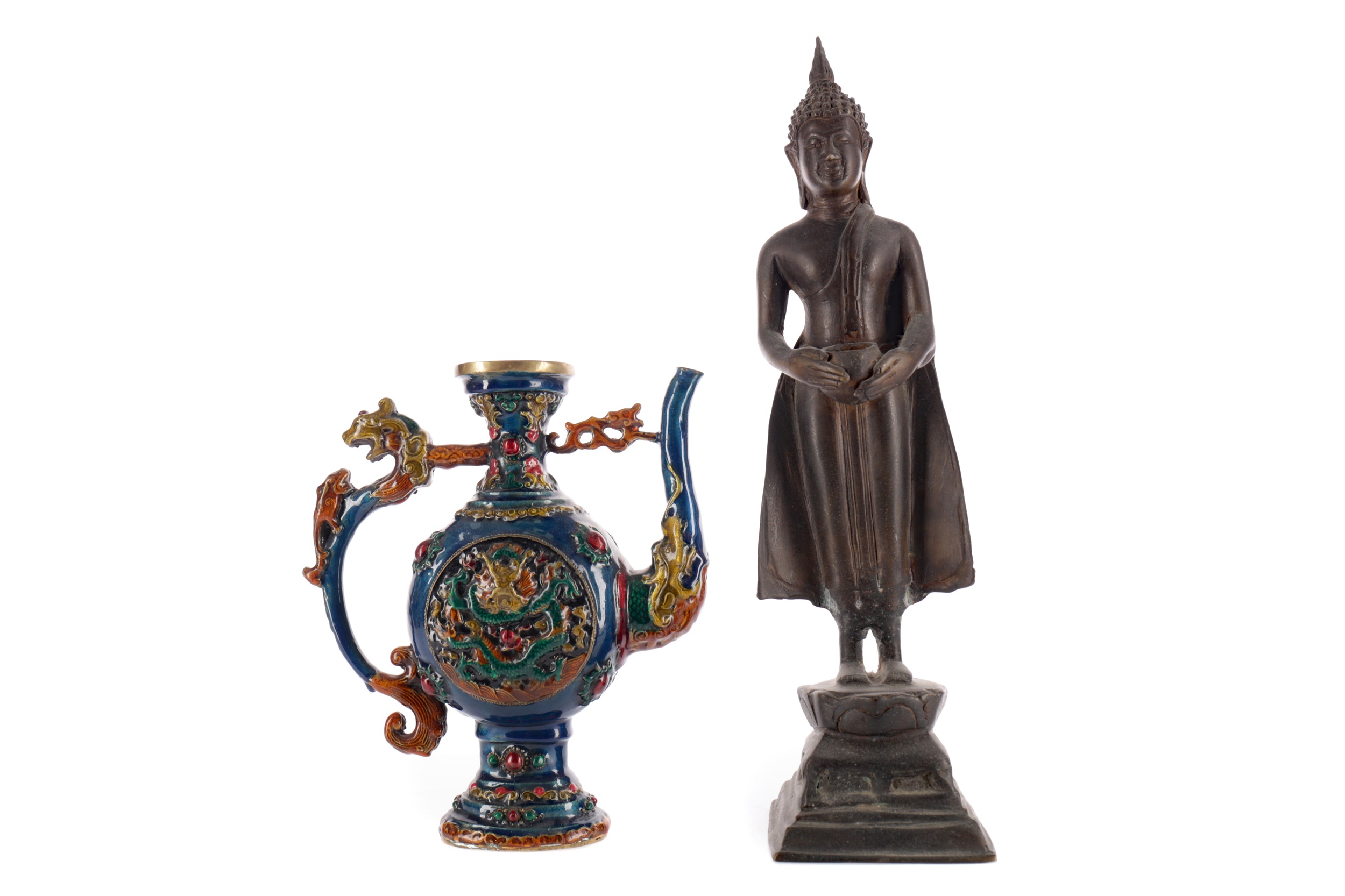 AN EASTERN BRONZE FIGURE OF A STANDING BUDDHA AND A WINE POT