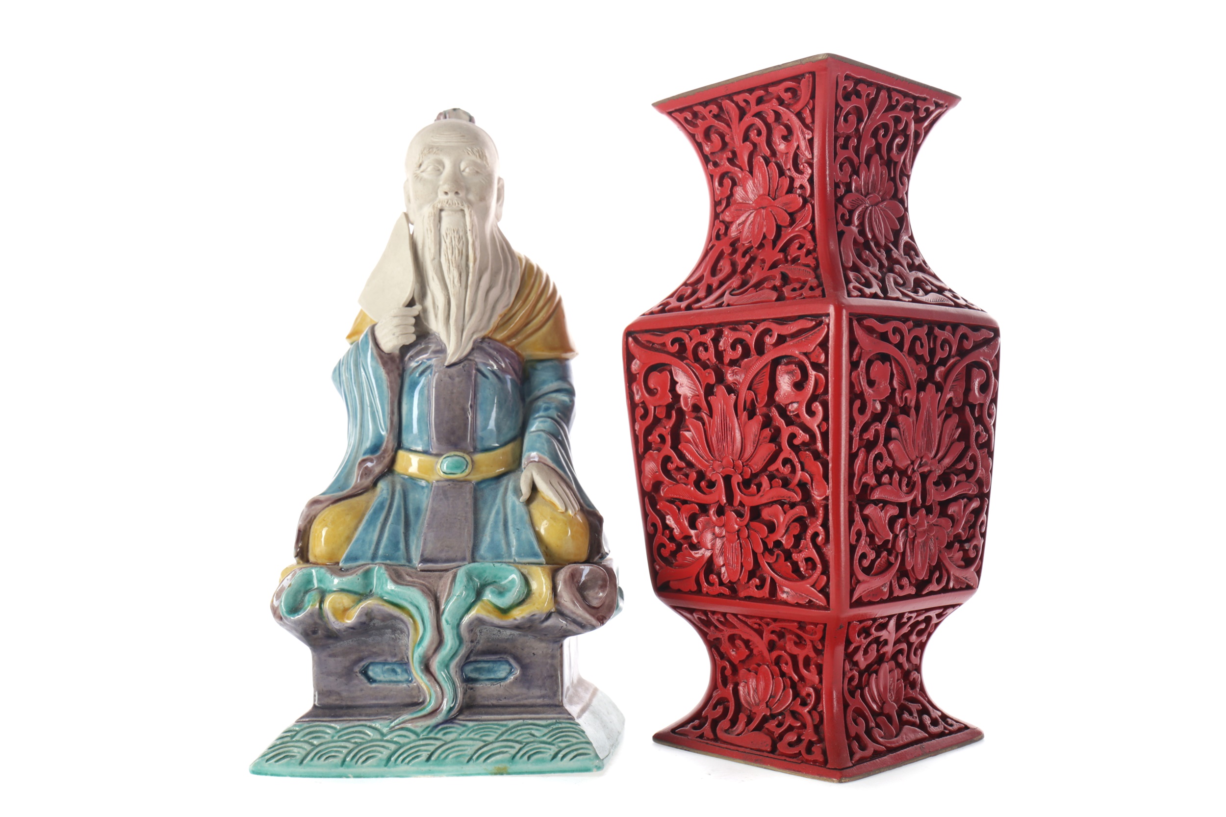 A 20TH CENTURY CHINESE LACQUER VASE AND A CHINESE FIGURE