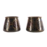 A PAIR OF EASTERN BRASS, COPPER AND SILVER INLAID FERN POTS