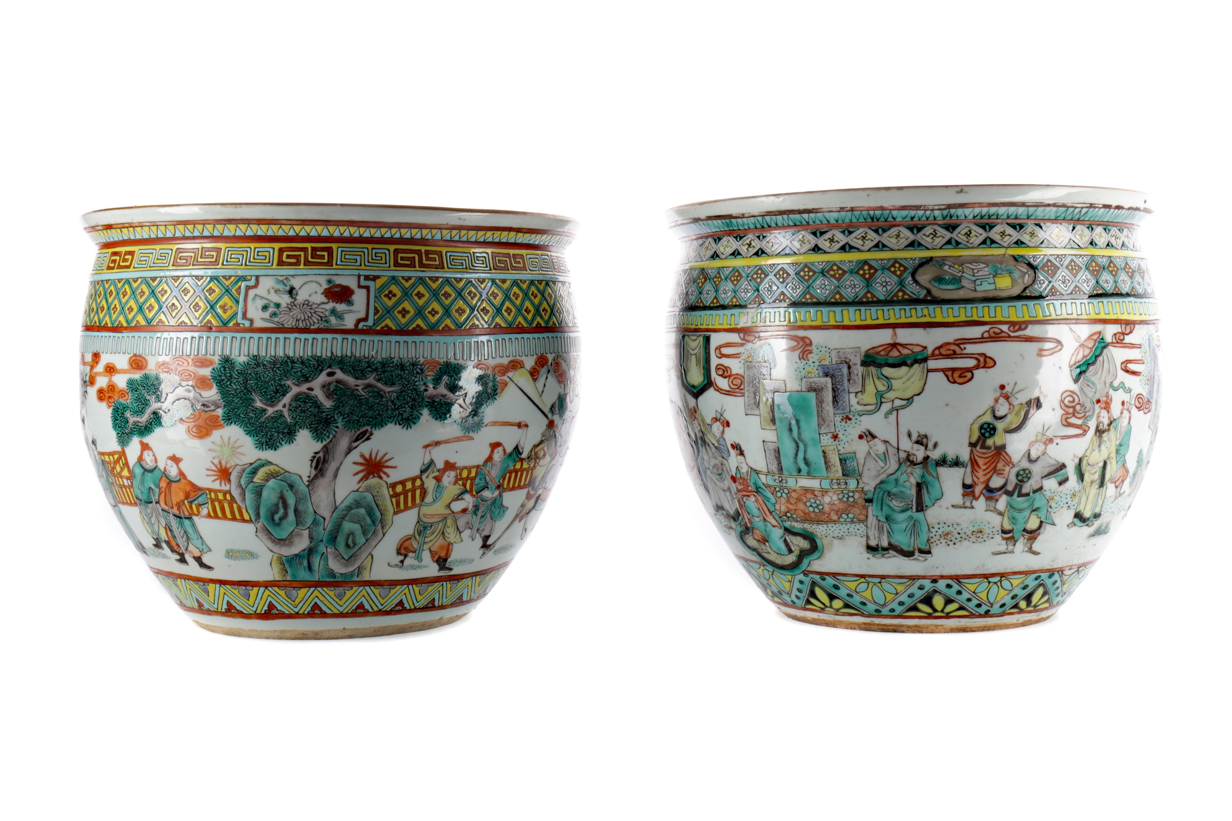 A MATCHED PAIR OF EARLY 20TH CENTURY CHINESE FAMILLE VERTE FISH BOWLS/PLANTERS