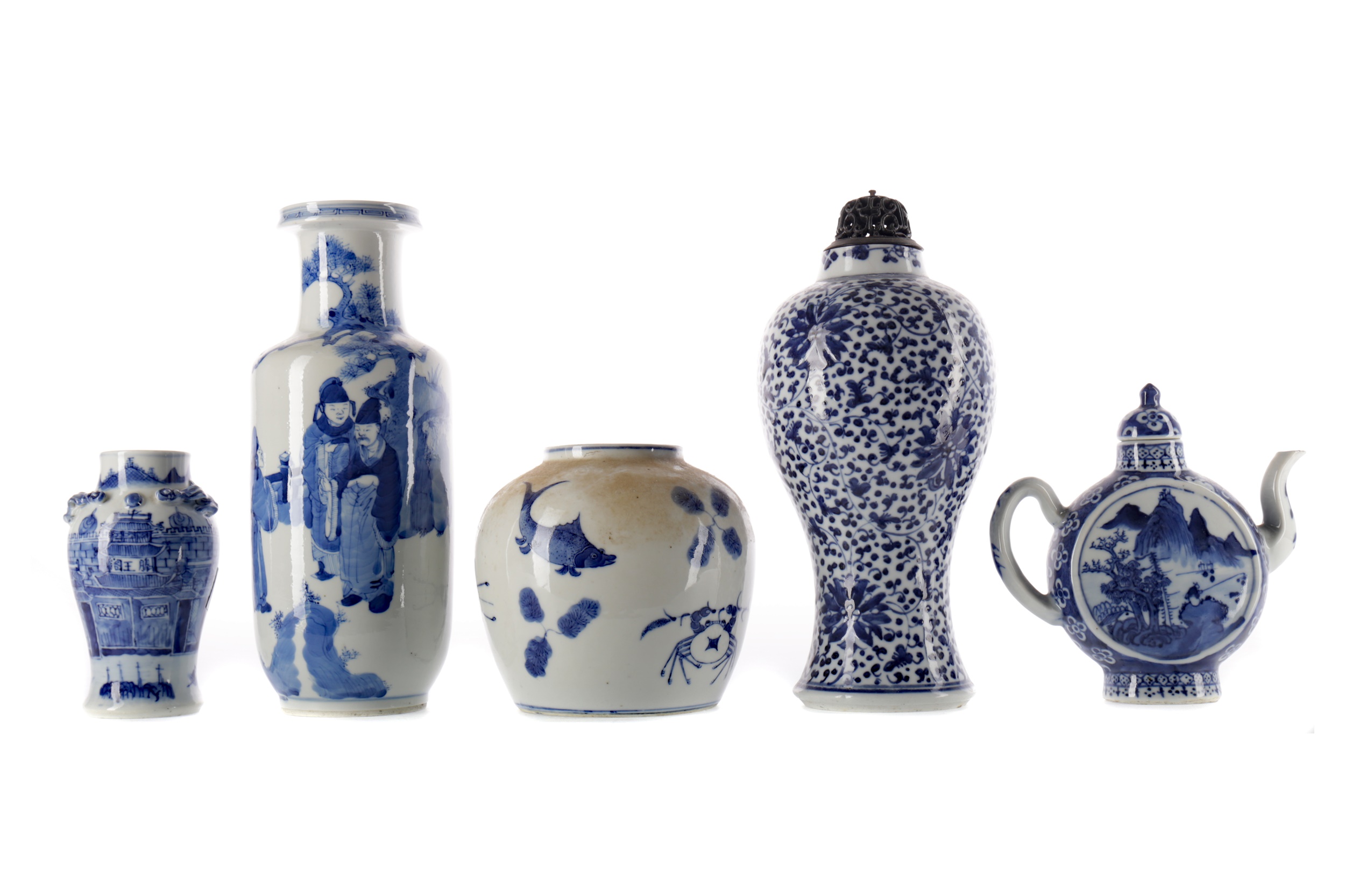 A CHINESE BLUE AND WHITE VASE, TWO OTHER VASES AND A TEA POT AND A JAR