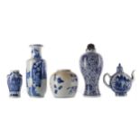 A CHINESE BLUE AND WHITE VASE, TWO OTHER VASES AND A TEA POT AND A JAR
