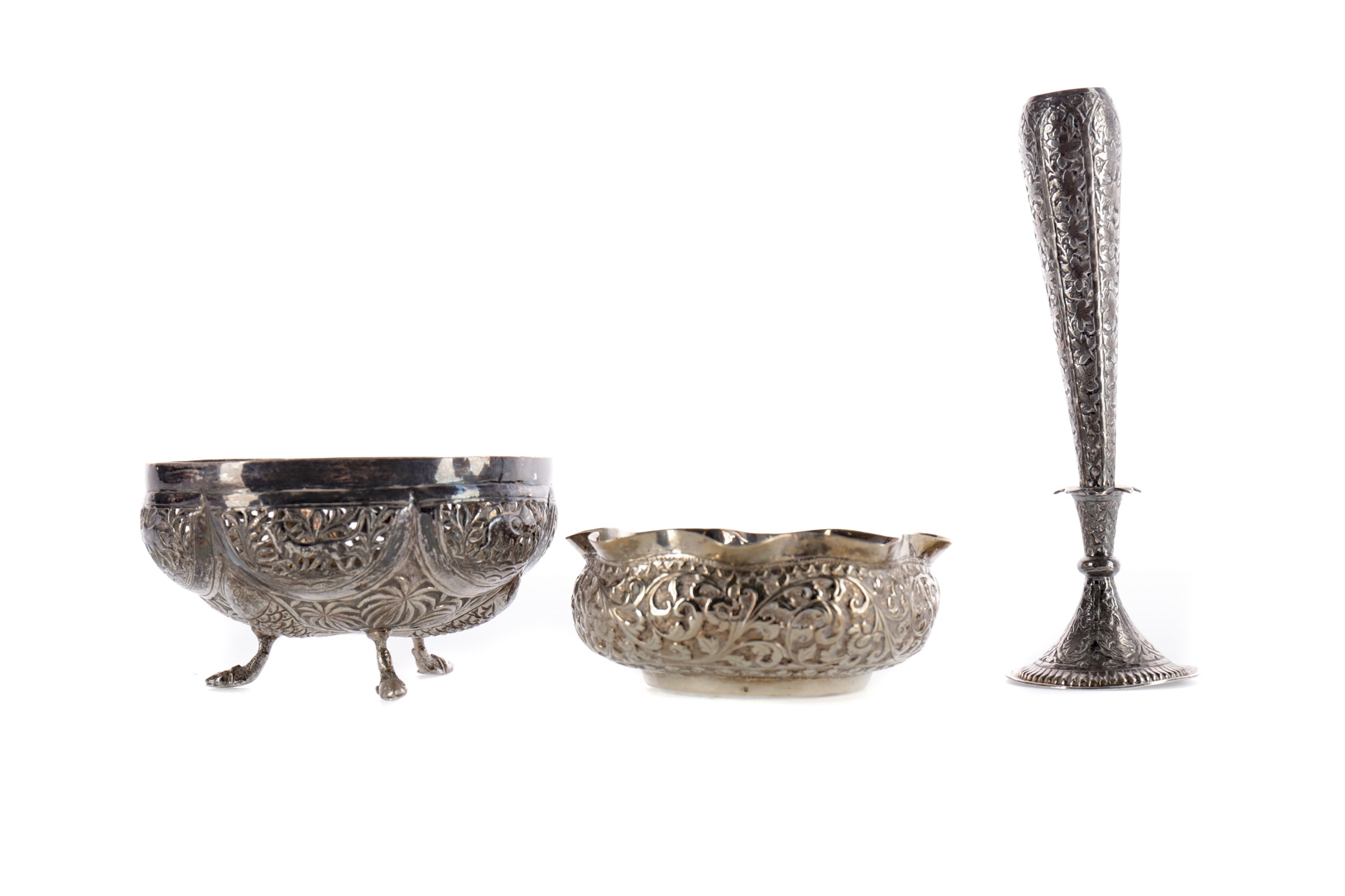 AN INDIAN SILVER CIRCULAR BOWL, ANOTHER BOWL AND A VASE