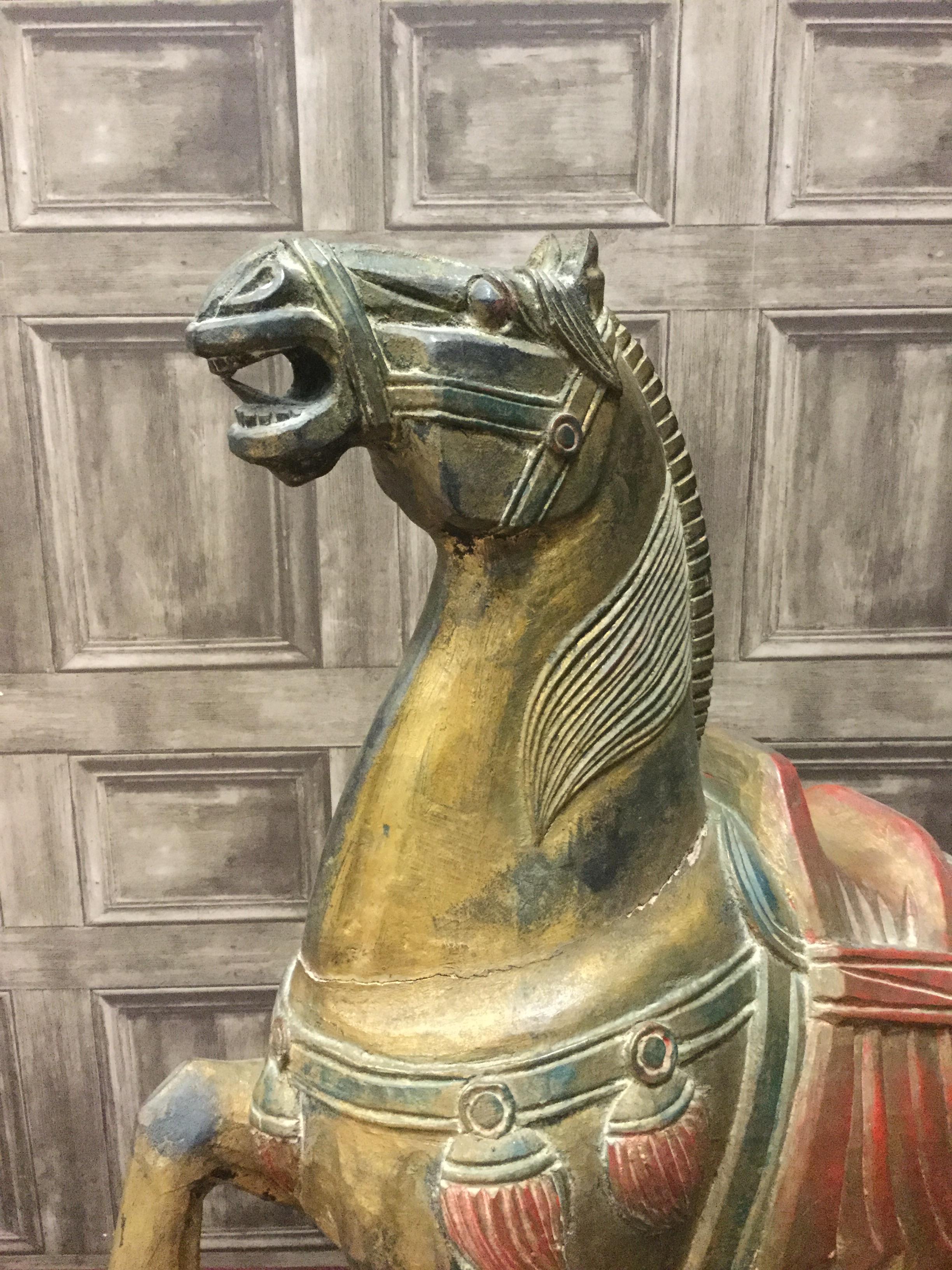 A CHINESE CARVED AND GILDED WOODEN FIGURE OF A REARING HORSE - Image 2 of 4