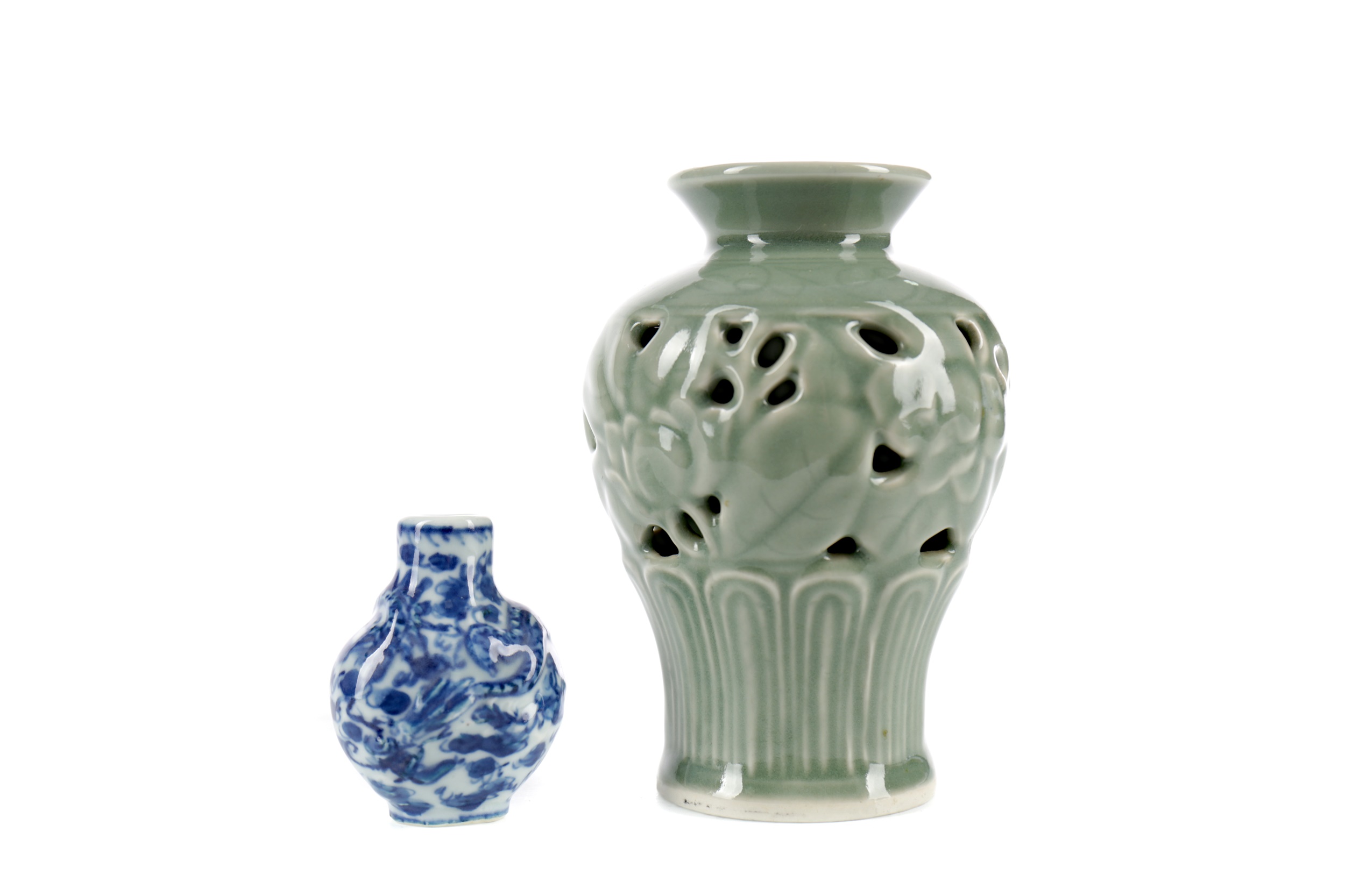 A 20TH CENTURY CHINESE CELADON VASE AND A SNUFF BOTTLE