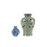 A 20TH CENTURY CHINESE CELADON VASE AND A SNUFF BOTTLE