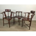A PAIR OF CHINESE HARDWOOD CORNER CHAIRS AND A TWO TIER TABLE