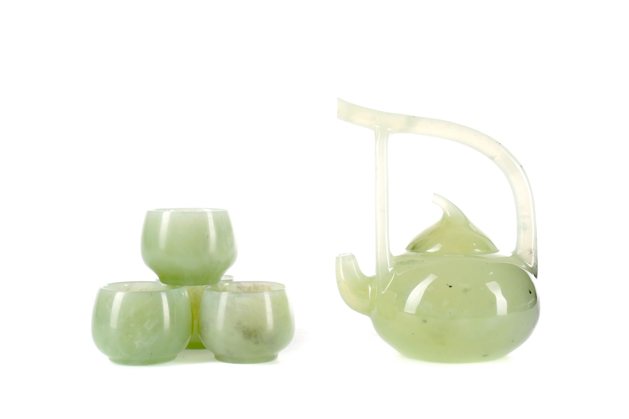 A CHINESE GREEN JADE WINE POT AND FOUR CUPS