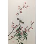 AN EARLY 20TH CENTURY JAPANESE FABRIC AND PAINTED PICTURE AND THREE OTHER PICTURES