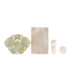 A CHINESE GREEN JADE AMULET AND MOTHER OF PEARL COUNTERS