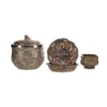 AN INDIAN SILVER JAR WITH COVER AND OTHER ITEMS