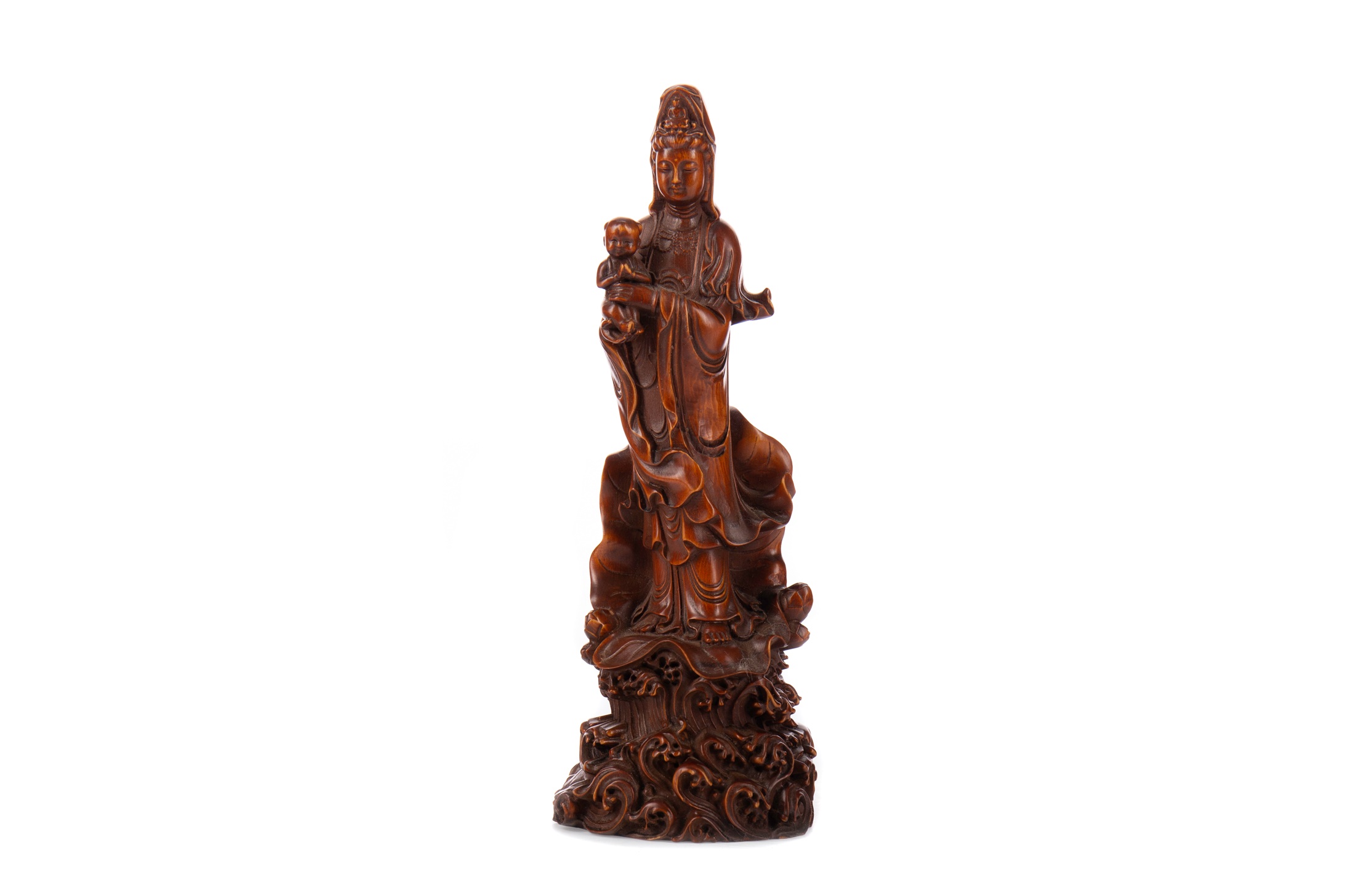 A 20TH CENTURY CHINESE BOXWOOD FIGURE OF GUAN YIN