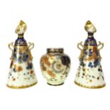 A PAIR OF NAUTILUS PORCELAIN CONICAL VASES ALONG WITH A CROWN DERBY VASE