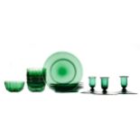 A LOT OF SIX VICTORIAN EMERALD GLASS FINGER BOWLS AND THREE CANDLESTICKS