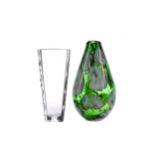 A CONTEMPORARY GREEN ART GLASS VASE, ALONG WITH ANOTHER